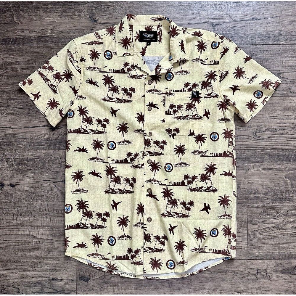 Twisted Toucan Hawaiian Casual Palm‎ Trees Yellow Brown Button Up Shirt Size S